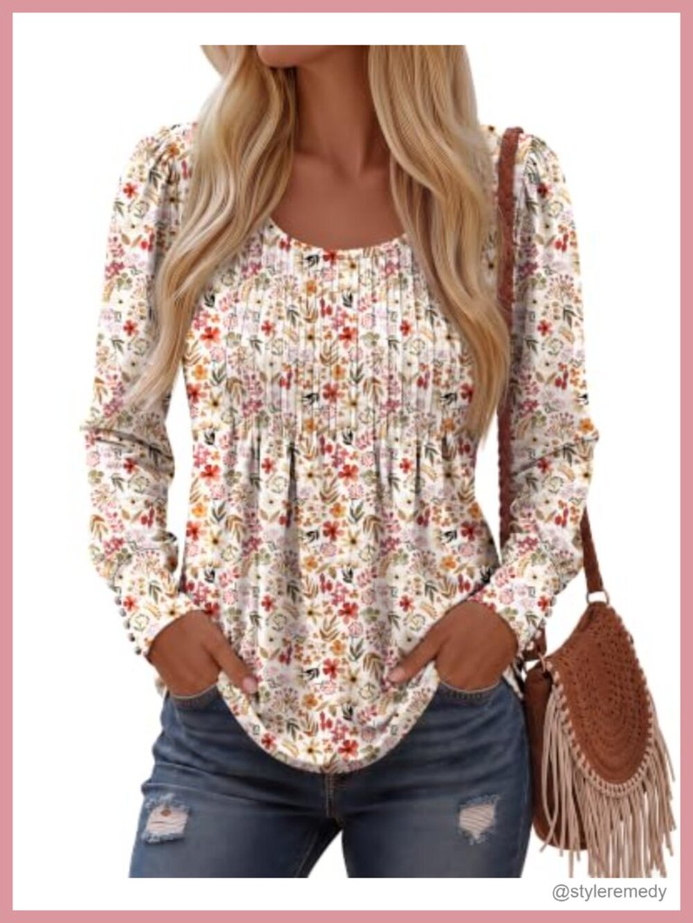 Women's Puff Long Sleeve Boho Tunic Top Pleated Crew Neck Flowy Blouse